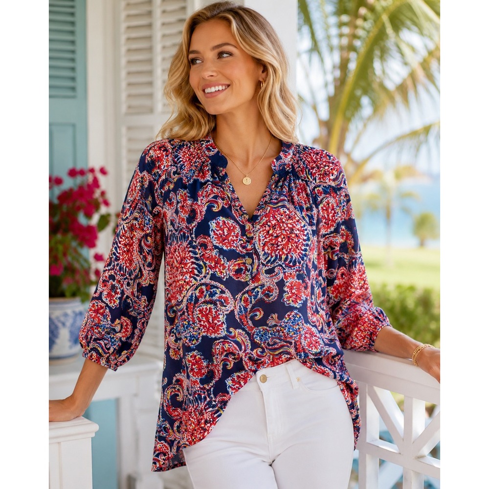 Lilly Pulitzer 100% Silk Paisley Print Blouse Navy Red Pink coastal resort small